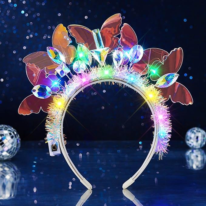 JEAIRTS Light Up Butterfly Headband Sparkly Rhinestone Headpiece Led Crystal Rave Costume Headwear for Women