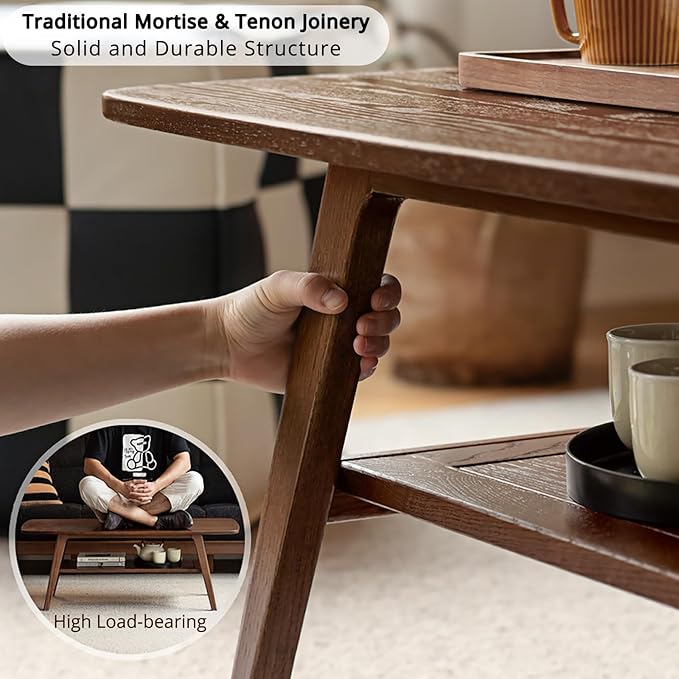 Hymus Solid Wood Coffee Table - 2-Tier Modern Center Table, Living Room Tables with Double Storage for Living Rooms, Bedrooms, and Offices (Walnut, 39.37" D x 19.69" W x 17.32" H)