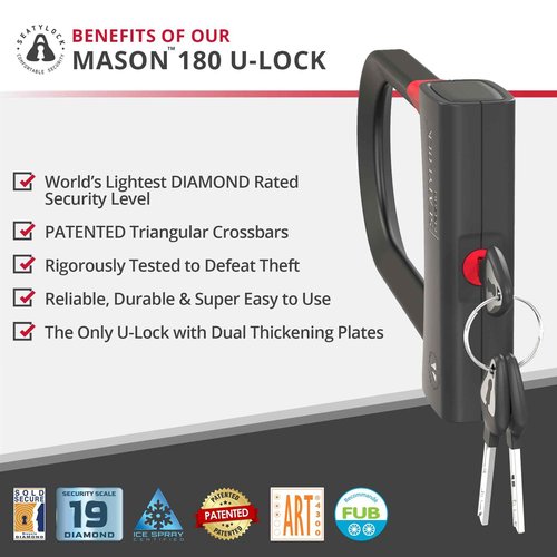 Seatylock Mason Bike U Lock - Patented Heavy Duty Anti Theft Diamond Secure ULock - Ultra Security Bicycle Safety Tool with Keys for City Electric or Mountain Bikes and Scooters (7.1 Inch)
