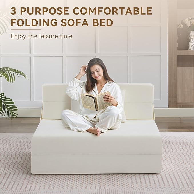 WUTUTUEE Folding Sofa Bed Convertible Floor Couch Foldable Chair Bed with Pillow，Linen Sleeper Chair Futon,Foldable Memory Foam Mattress for Bedroom/Living Room/Dorm/Office (Beige, Standard)