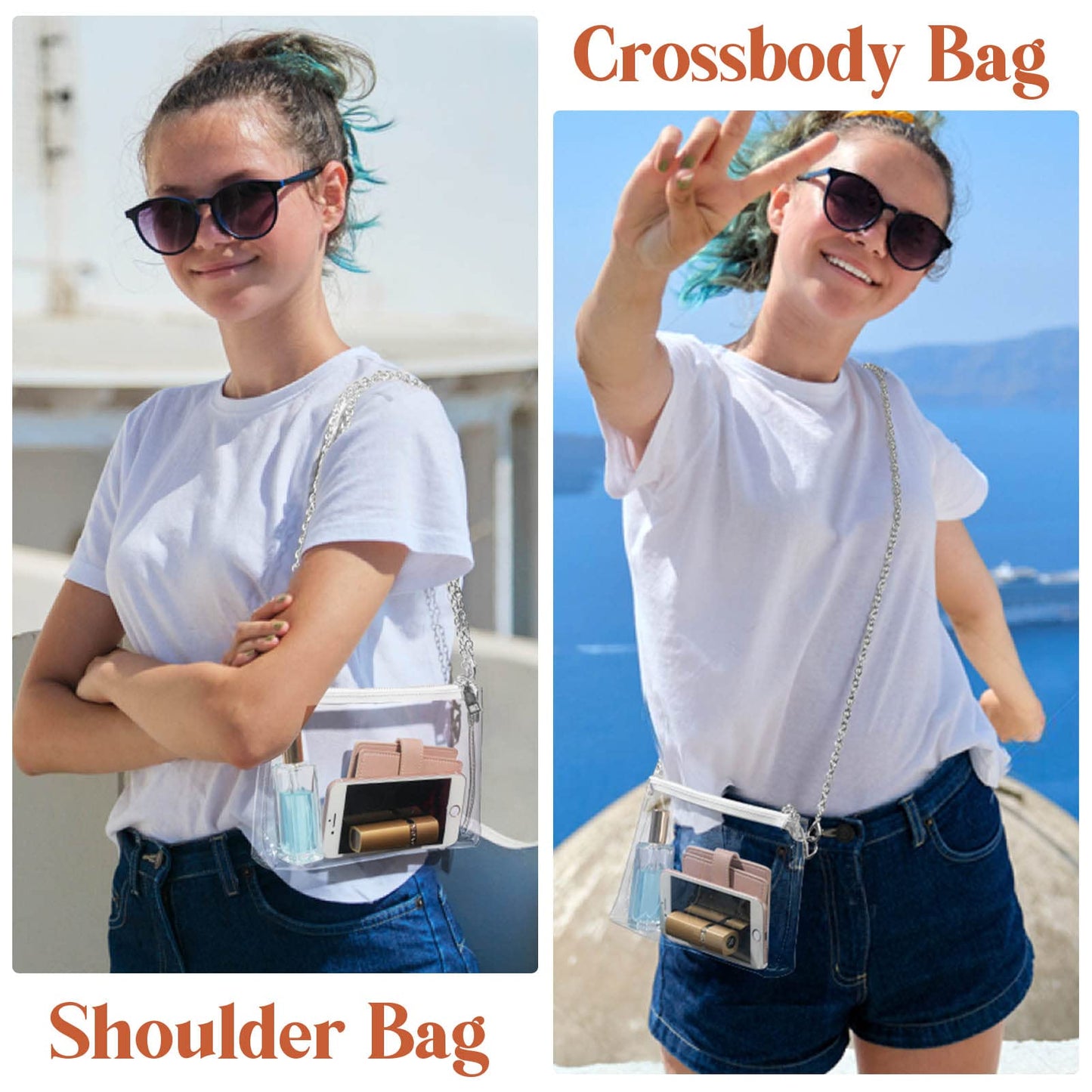 Lorbro Clear Purses for Women Stadium Approved, Crossbody Shoulder Bag with Zipper Closure, Transparent Purse Concerts, Sporting Event, Party, Festivals (Silver)