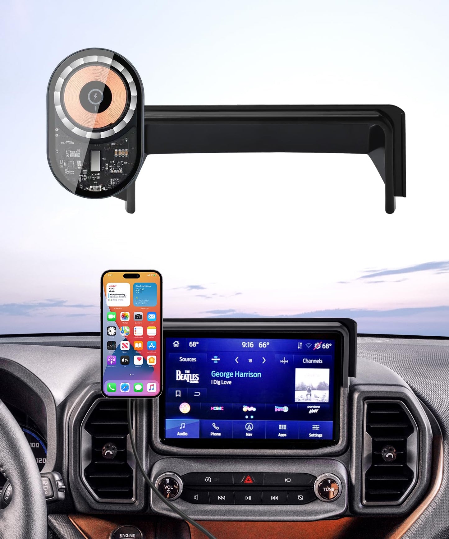 Masergogo Wireless Charging Car Phone Holder For Ford Bronco Sport 2021-2024 Accessories 8 Inch Screen Fixed Clip,360 Rotation C