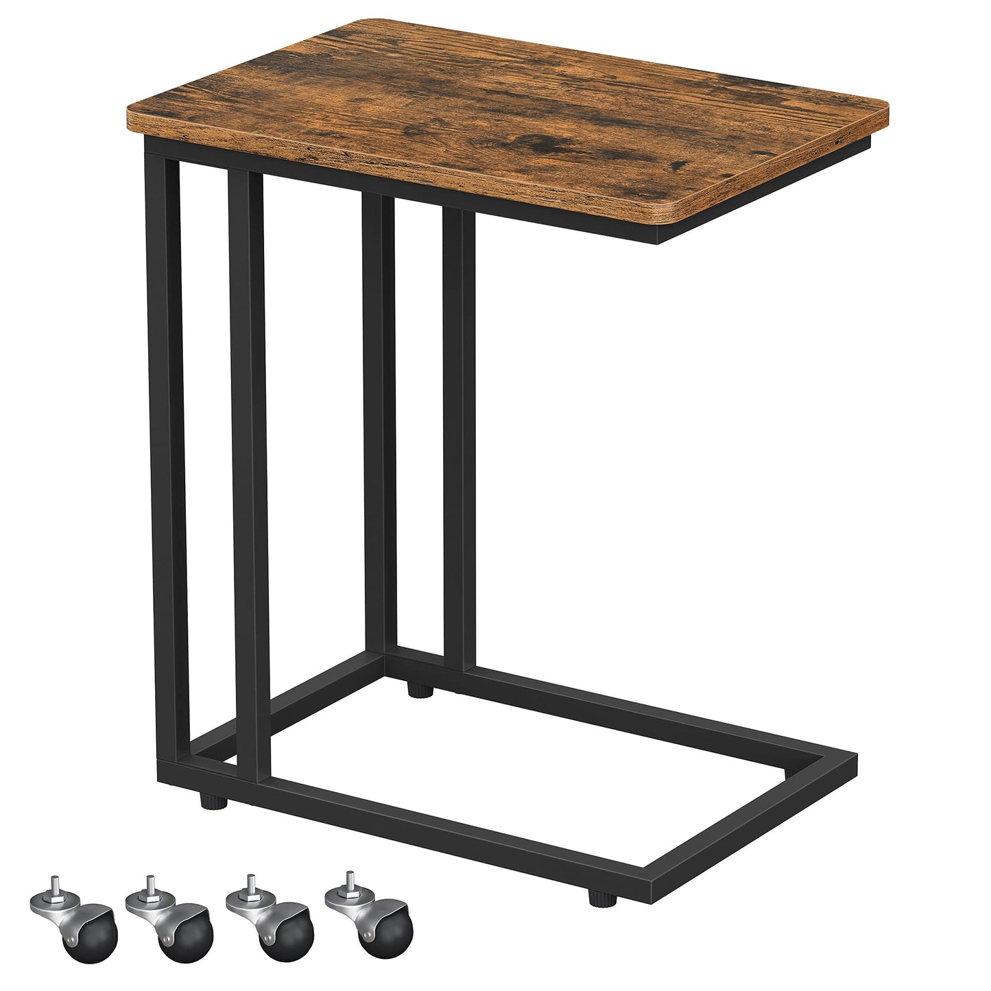 VASAGLE End Table, C Shaped TV Tray with Metal Frame Rolling Casters, Industrial Side Table for Living Room Bedroom, 19.7 x 13.8 x 23.6 Inches, Rustic Brown and Black