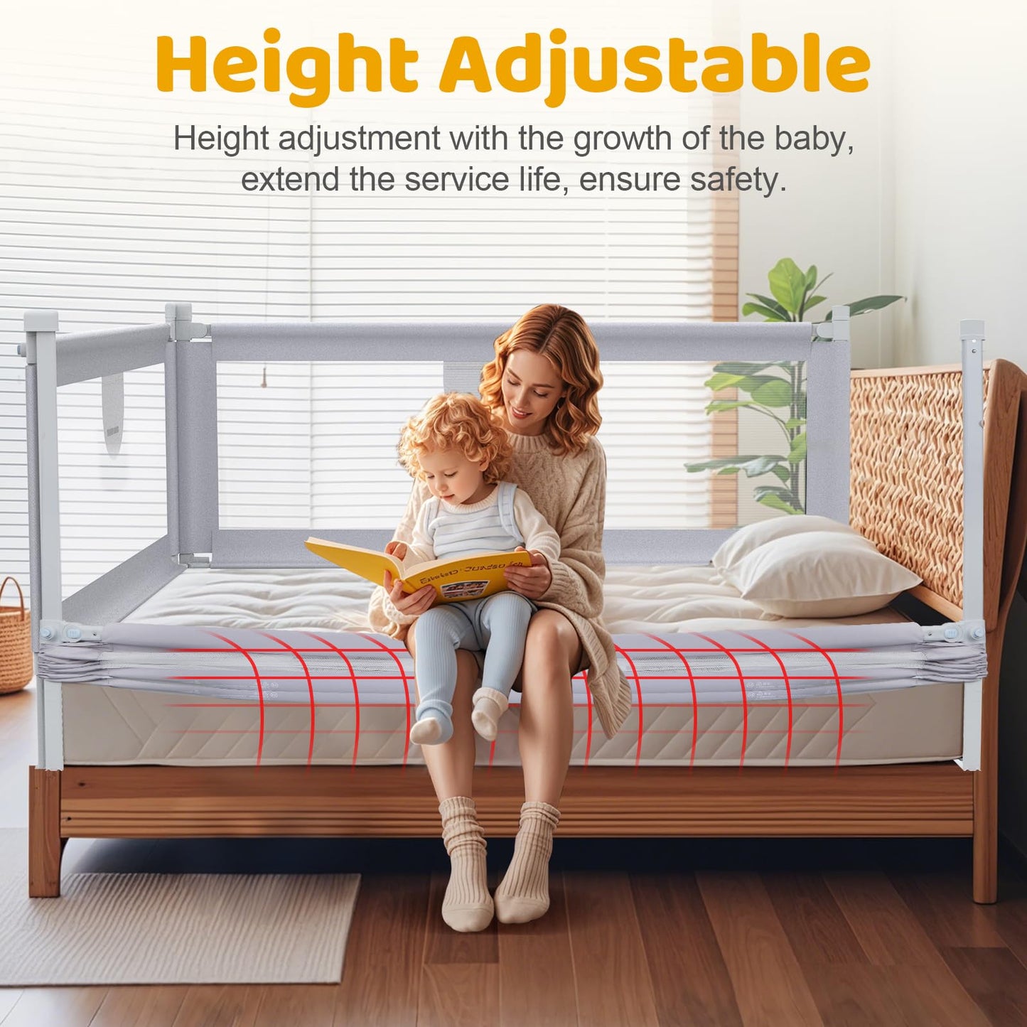 omzer Bed Rail for Toddlers - 3 Sides Safety Baby Bed Rail Guard with Child Lock, Infants Height Adjustment King Size Bed Guard Rail for Toddlers,78.74"X78.74"X74.8"