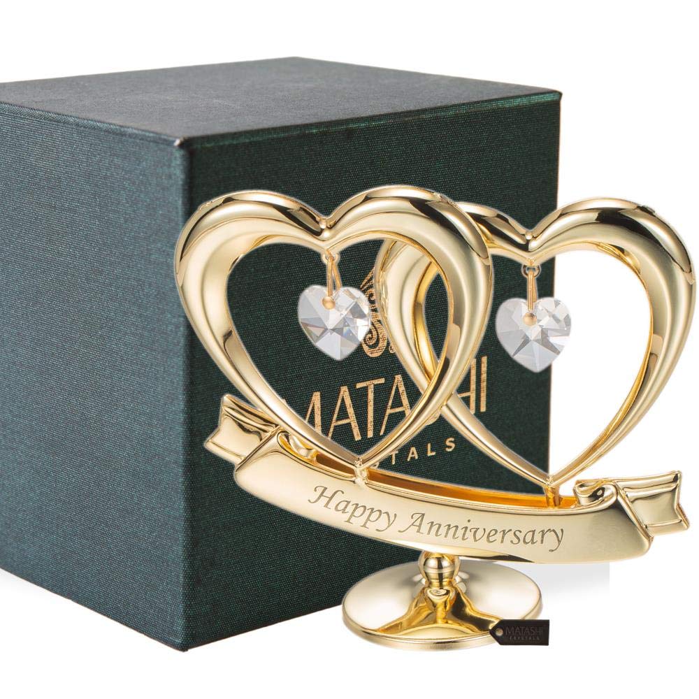 Matashi 24K Gold Plated Anniversary Heart Sculpture with Crystals – Double Heart Statue - Perfect Christmas and Holiday Gift and Premium Quality Cake Topper