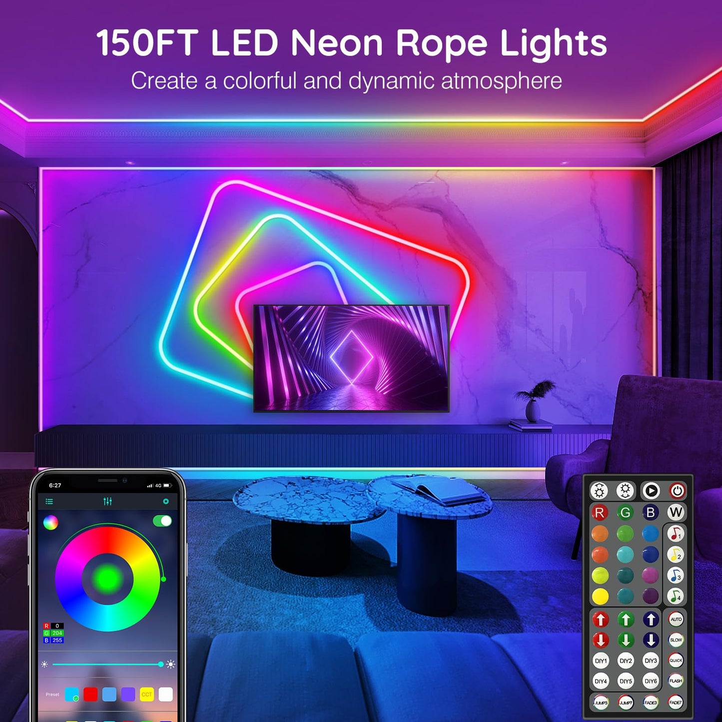 NUERPO 150Ft Neon Rope Lights,Flexible Led Rope Lights Control with App/Remote,Multiple Modes Light,IP65 Outdoor RGB Led Light Waterproof (150Ft Neon Rope Lights)