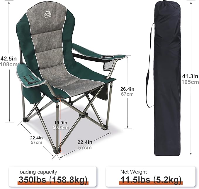 LANMOUNTAIN Camping Chairs for Adults,High Back Folding Camp Chair with Cup Holder and Cooler Bag,Heavy Duty Outdoor Lawn Chairs,Perfect for Camping,Hiking,Picnics,and Beach Trips,Dark Green…