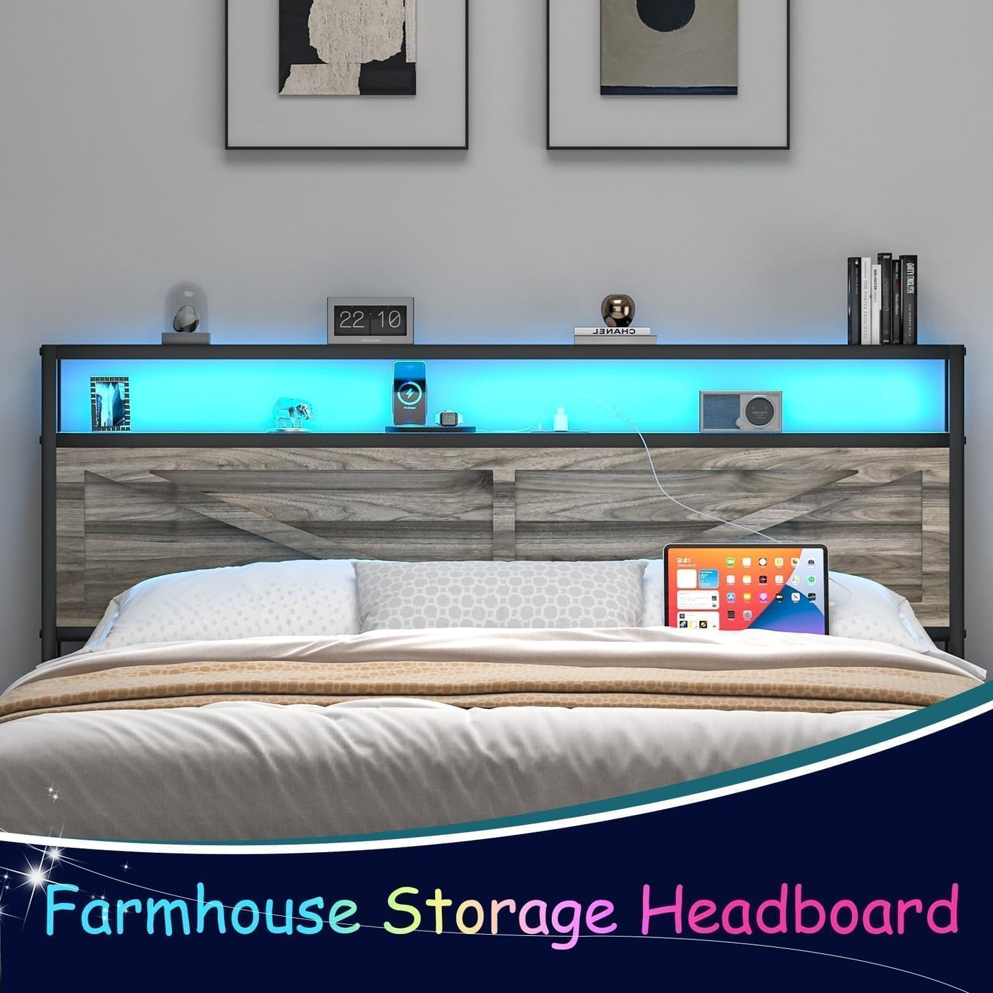 Queen Bed Frame with Headboard, Queen Bed Frames with Outlets and LED Lights, Rustic Bed Frame with Storage Headboard, Farmhouse Barn Door Design, Noise Free, No Box Spring Needed, Wash Grey
