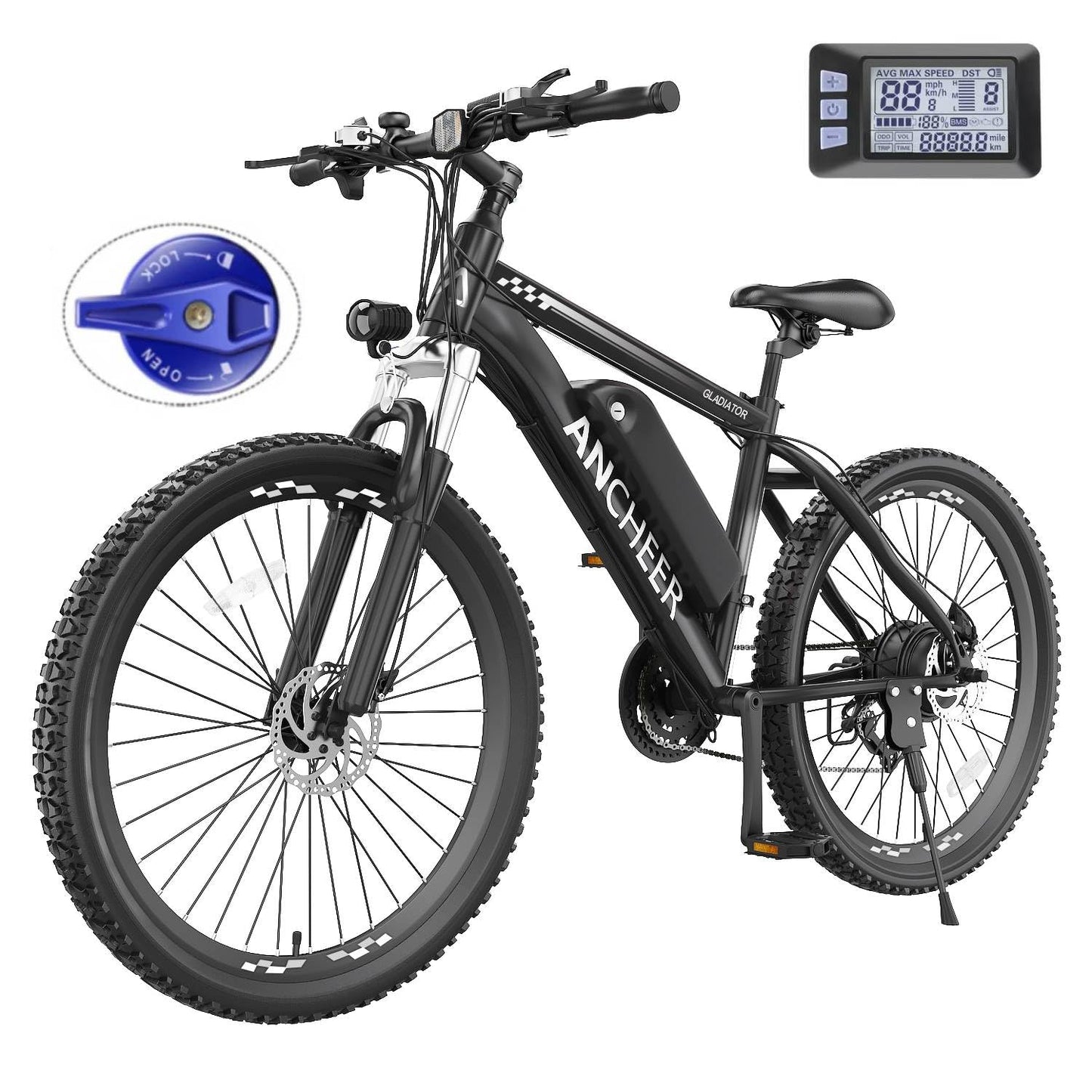 ANCHEER 26" Electric Bike for Adults, Peak 749W Ebike, 19.8MPH Electric Bicycle with 48V 374Wh / 48V 499Wh Battery(3H Fast Charge), LCD Display, Front Suspension, UL2849 Compliant, White Gladiator