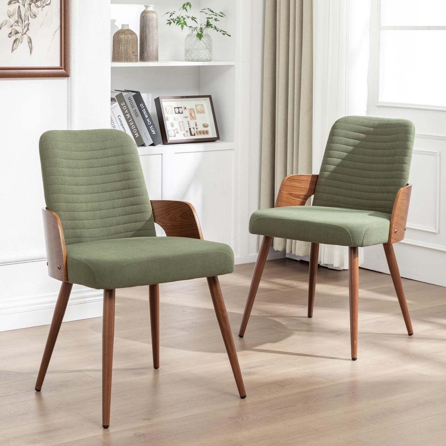 YOUUGIOR Dining Room Chairs Set of 2,Mid Century Modern Kitchen Chairs,Green Corduroy Fabric Upholstered Accent Chairs,Metal Legs Wooden Desk Chairs,Armless and No Wheels for Kitchen Dining Room