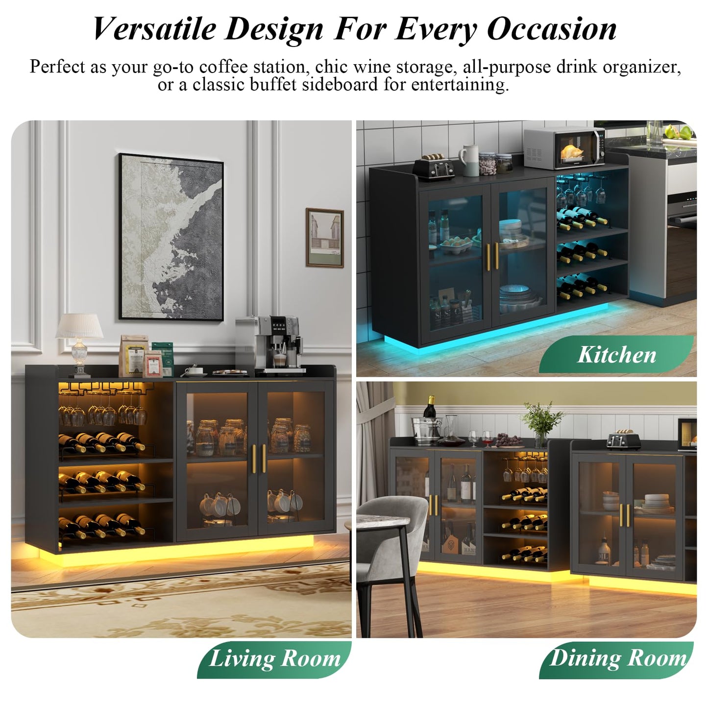 Loomie Wine Bar Cabinet with LED Lights, Floating Coffee Bar with Glass Rack and Removable Wine Racks, Modern Buffet Sideboard with Storage Shelves, Kithchen Bar with Glass Cabinet Doors, Black
