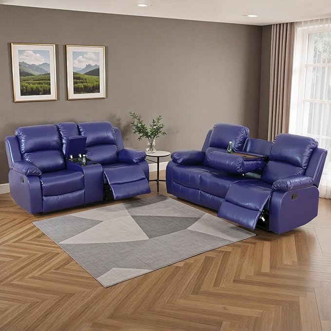 Caberryne 2 Pieces Leather Recliner Sofa Set，Recliner Sofa and Loveseat Sets for Living Room Furniture，Purple Reclining Couch with 4 Recliners for Living Room/Office/Theater Seating(Sofa Set 2 Pieces)