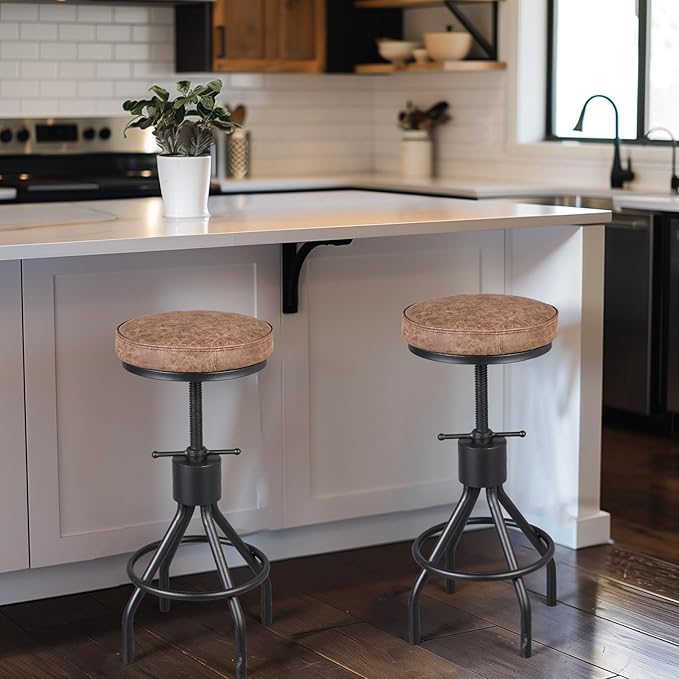 BOKKOLIK Set of 2-Vintage Bar Stool Swivel PU Leather Seat Kitchen Island Workbench Chair Height Adjustable 23-31 inch