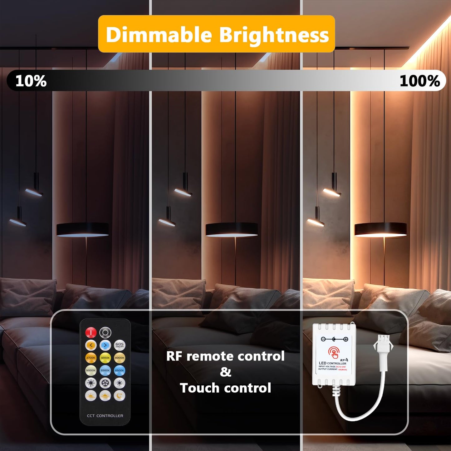 DAYBETTER COB LED Strip Lights, Tunable White(2700K-6500K) COB LED Lights with 3040 LEDs, 24V Adapter, RF Remote, Dimmable High Density Uniform LED Strip for Bedroom, Kitchen, Cabinet, CRI90+, 16.4ft