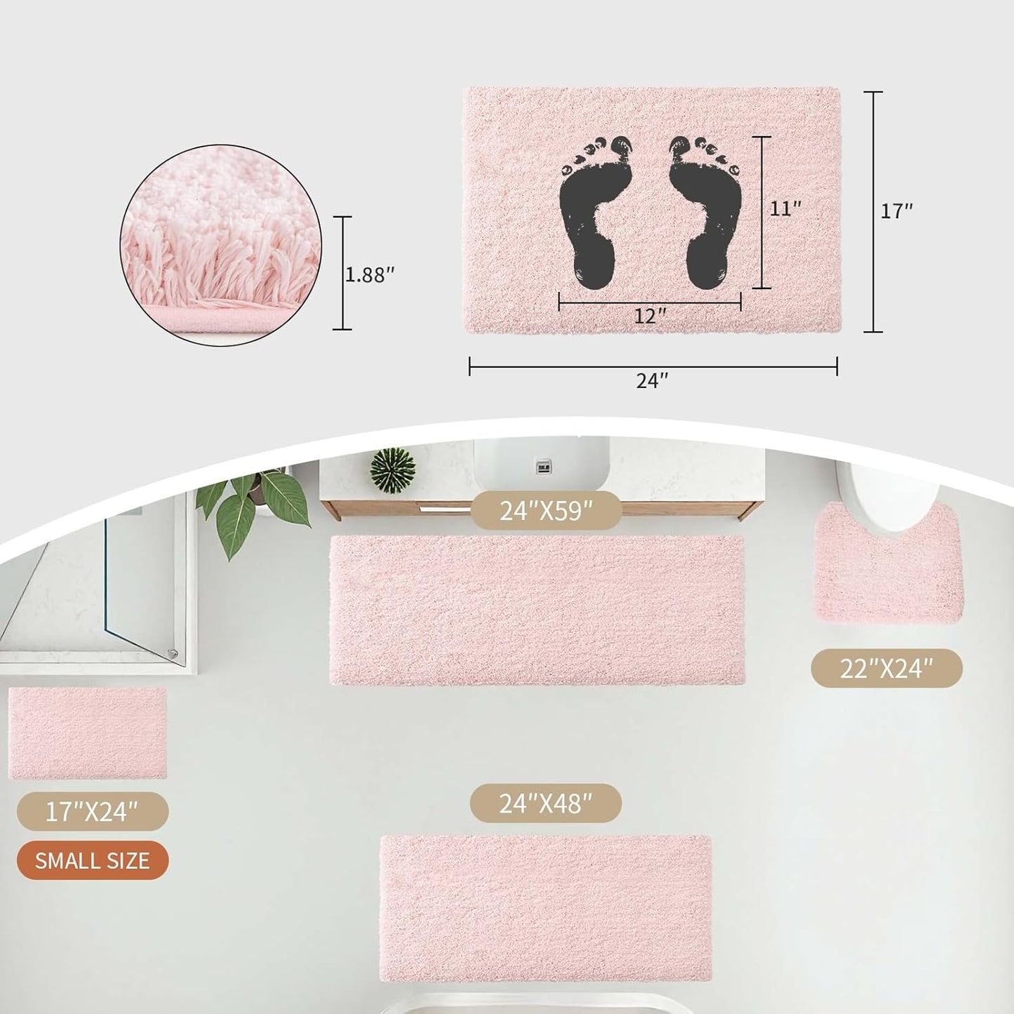 Small Bathroom Rug 17x24 Non Slip Pink Fluffy Bath Mat for Bathroom Floor Washable Plush Luxury Bath Rug for Tub Soft Shaggy Absorbent Shower Mat