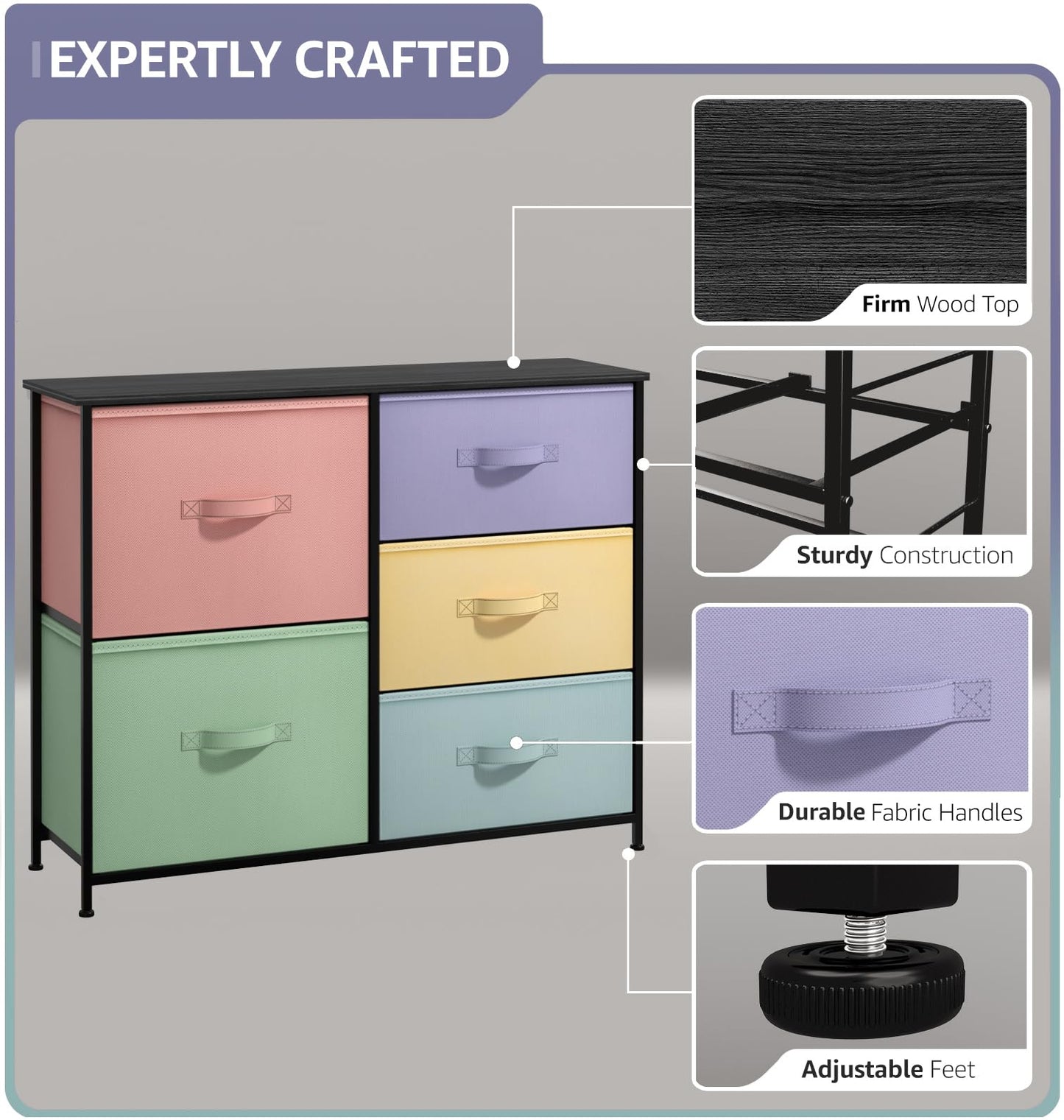 Sorbus Kids Dresser with 5 Drawers - Storage Chest Organizer Unit with Steel Frame, Wood Top & Handles, Tie-dye Fabric Bins for Clothes - Wide Furniture for Bedroom Hallway Kids Room Nursery & Closet