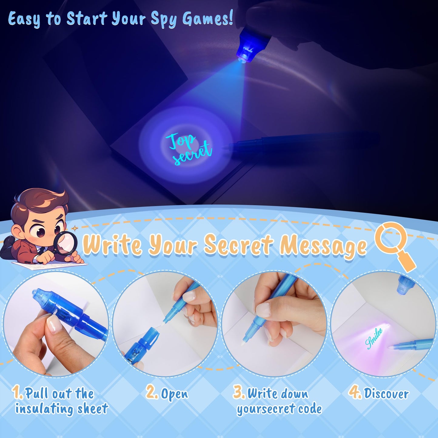 inkipen Invisible Ink Pen 24Pcs+ Notebooks, Spy Pens with UV Light, Magic Marker, Classroom Prize, Birthday Party Favors for Kids 8-12, Kids Stocking Stuffers
