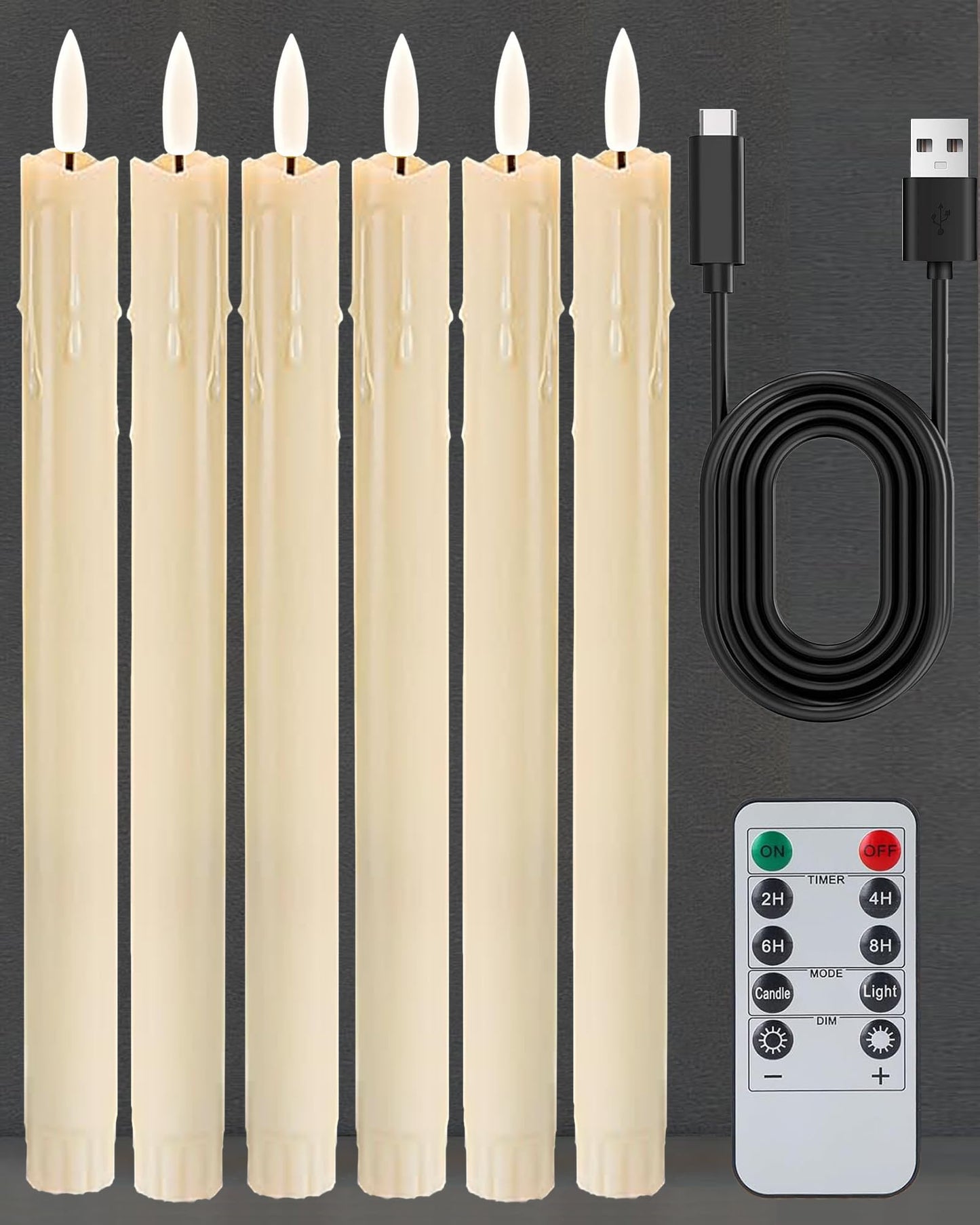 Gmnee 9.6" Rechargeable Flameless Taper Candles with Remote, Timer, Dimmer, Ivory LED CandleSticks, 6 Pack Long Candles Battery Operated for Window, Table, and Mantel Decor