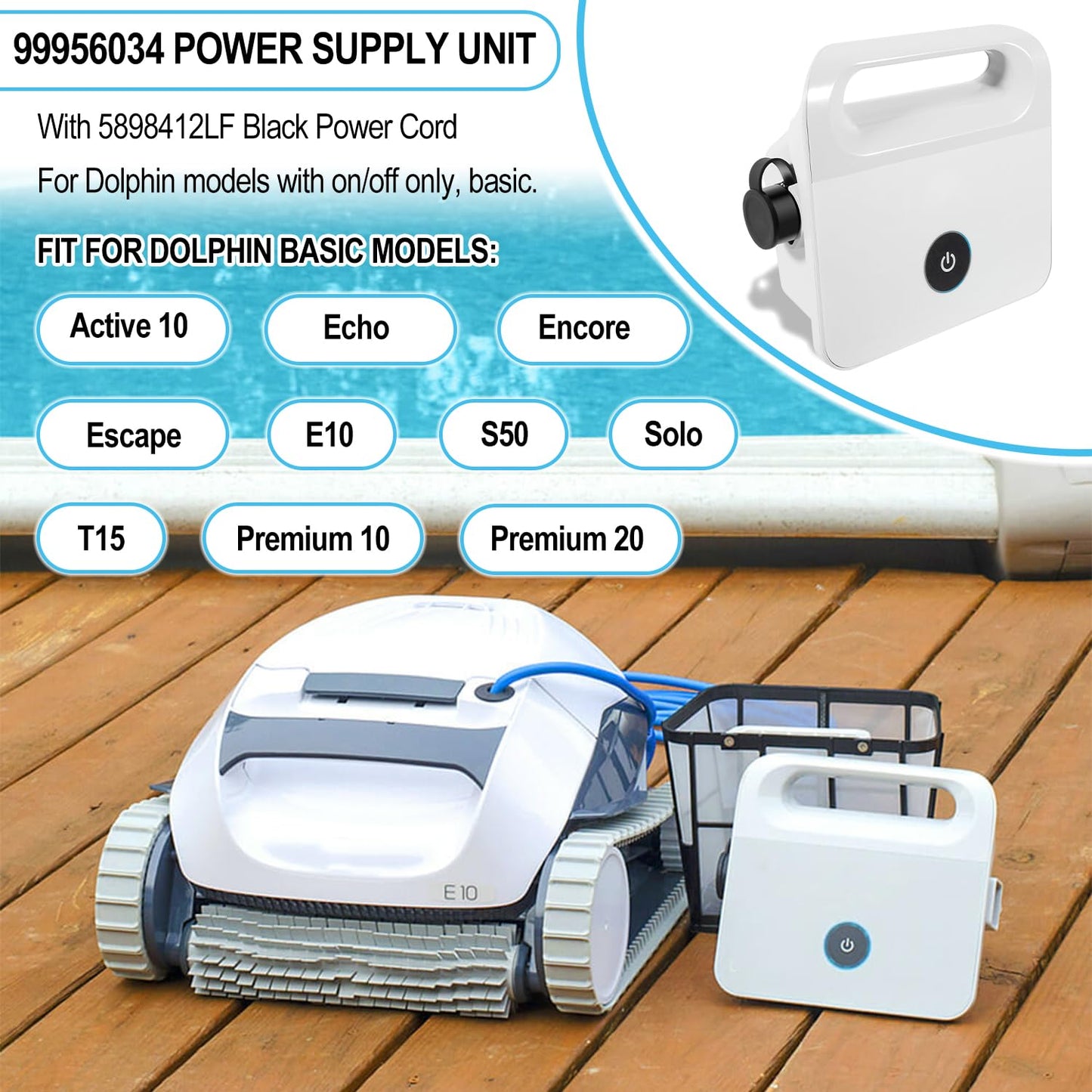 99956034 Assy Power Supply with 5898412LF Black Power Cord Replacement Parts Fit for Dolphin Active 10, Echo, Encore, Escape, E10, S50, Solo, T15, Premium 10, Premium 20 Robotic Pool Cleaners Vacuum