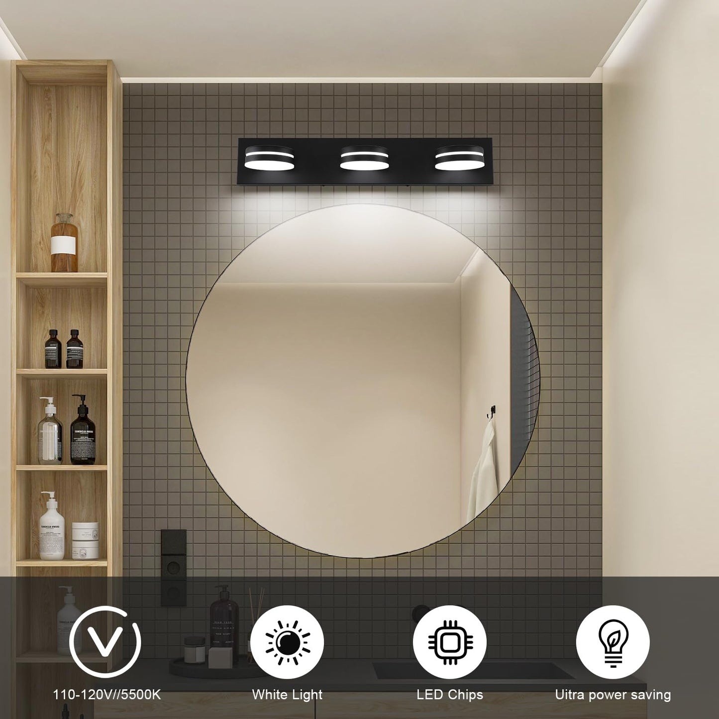 Bicrink 3-Light Bathroom Vanity Light Over Mirror, (24inch Dimmable) Matte Black LED Vanity Lighting Fixtures, Modern Bathroom Wall Light Fixtures with 360°Rotating Lamp Head (Cool White 5500K)