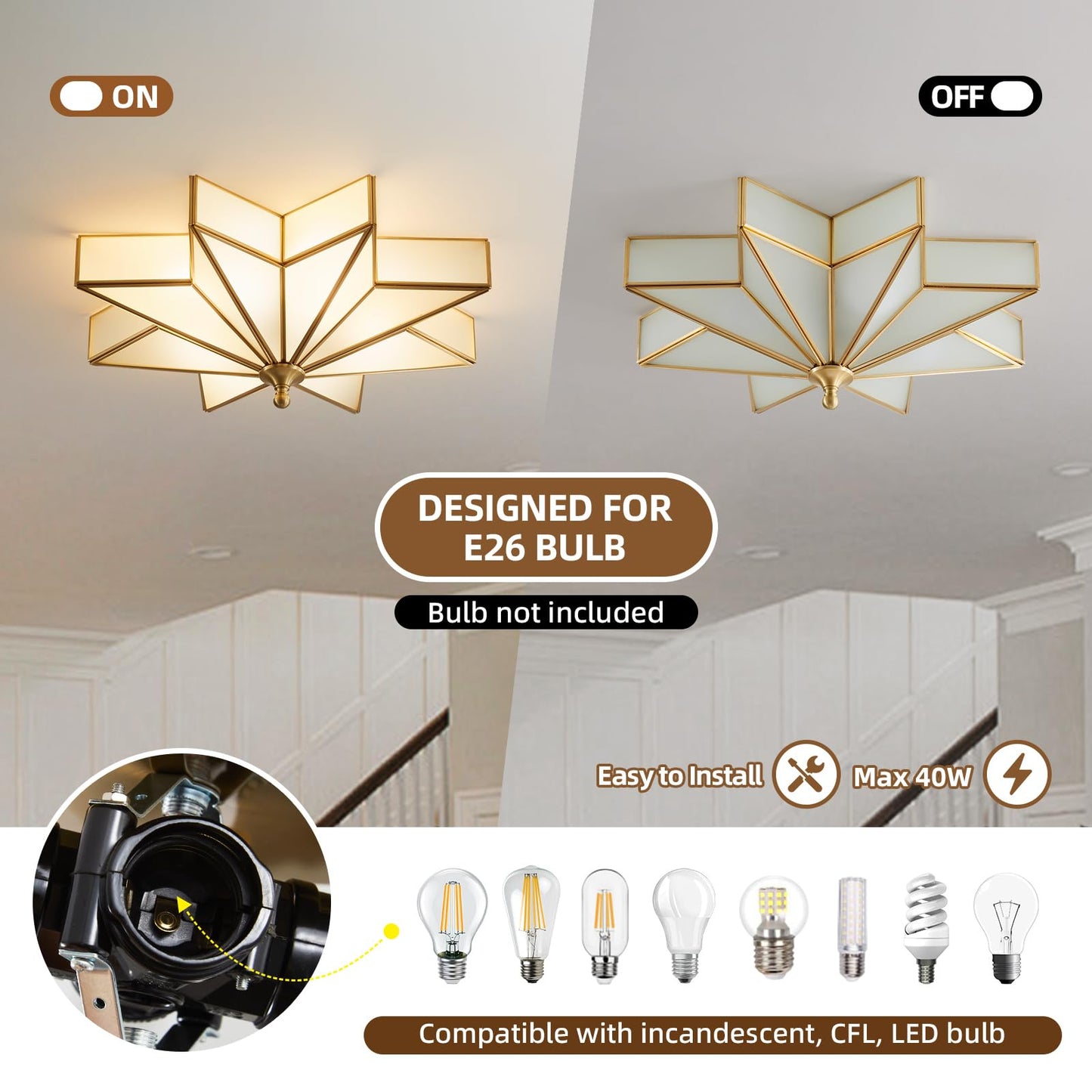 Gold Star Flush Ceiling Light - 19.5 Inch Brass Glass Large Mount Fixture - Art Deco Mid Century Vintage Modern Moravian Lighting Lights for Bedroom Dining Kitchen Foyer Farmhouse Living Room Fixtures