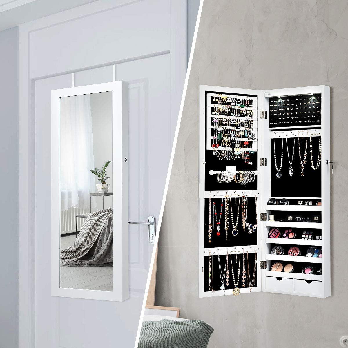 FANTASK Wall/Door Mounted Jewelry Cabinet Armoire, Lockable Armoire Cabinet w/Full Length Mirror, 2 LED Lights, Adjustable Hanging Hooks, Jewelry Organizer for Dressing Make-up (White)