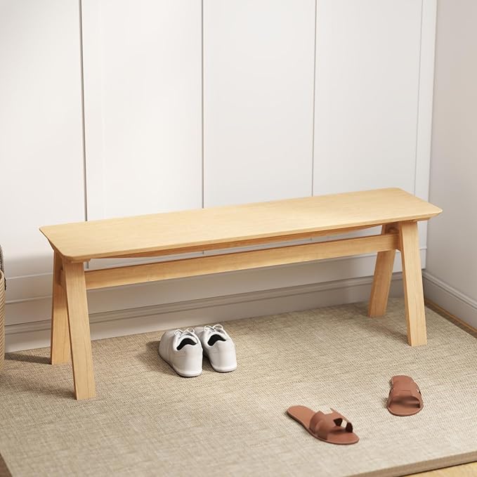 DUOMAY Solid Wood Long Dining Bench, 47" Wide Farmhouse Bench with A-Shaped Legs Mid Century Modern Entryway Bench Shoe Bench for Hallway End of Bed, Original Wood Color
