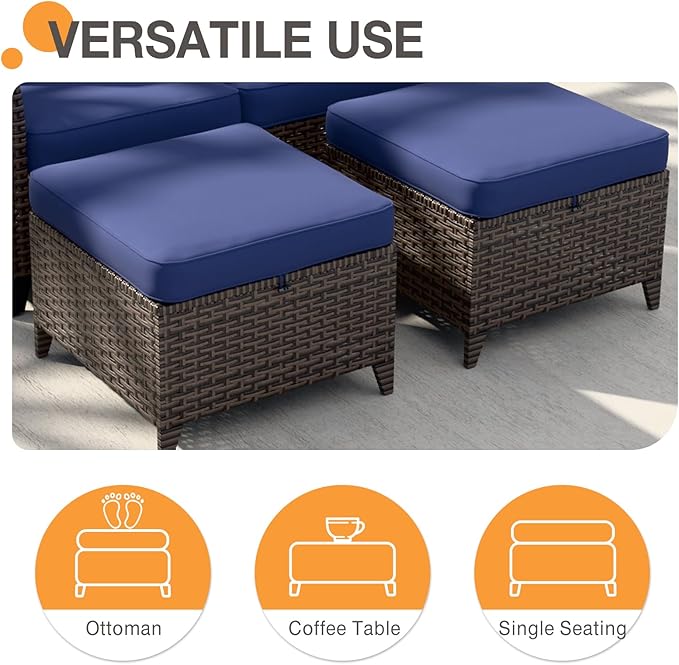 COOS BAY Harbor Retreat 4 Piece Outdoor Furniture Set, Patio Conversation Set with Swivel Rocking Chairs and Ottomans, Wicker Furniture, Brown/Blue