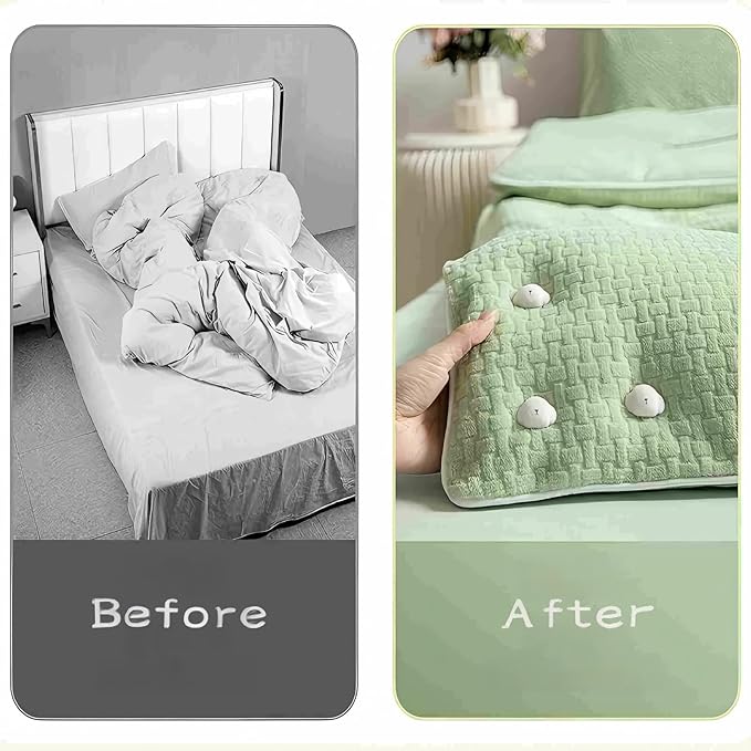 4 adjustable bed sheet straps and one duvet cover fastener set. Easy to install without flipping the mattress. The Quilt Fasteners are made of eco-friendly materials, safety, comfort and no pin holes
