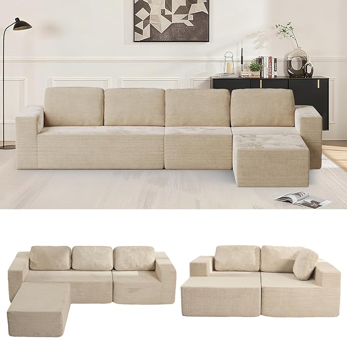 Furnify 136" Cloud Sectional Couch, Left/Right Facing Convertible Sofa with Deep Seat, L-Shape Modular Upholstered Foam Couch for Living Room Bedroom, No Assembly Required (Corduroy Fabric, Beige)