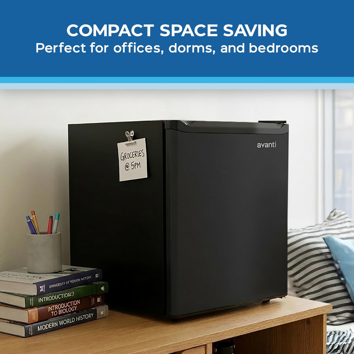 Avanti Mini Fridge 1.6 Cu. Ft. Compact Refrigerator for Dorm, Office & Bedroom, Chiller Compartment, Glass Shelf, Reversible Door with Automatic Defrost, ENERGY STAR, Black