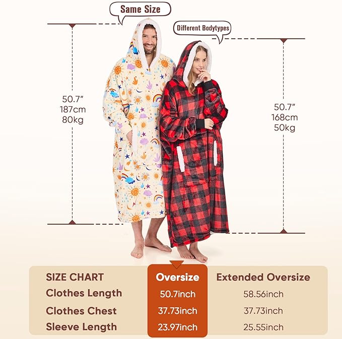 yescool Wearable Blanket Hoodie, Flannel Sherpa Fleece Blanket Sweatshirt for Adults Women Men,One Size Fits All
