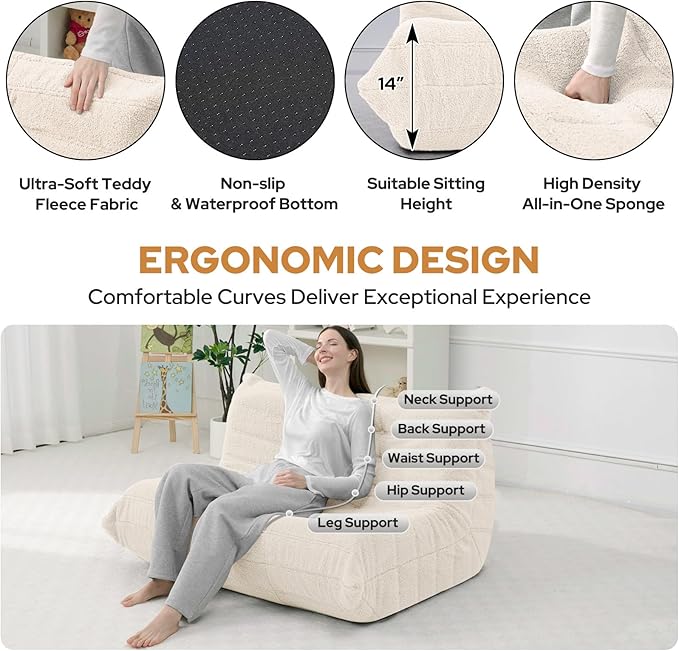 HABUTWAY Bean Bag Chairs Fireside Lazy Floor Sofa, Soft Teddy Fleece 2 Seater Sofa with High-Resilience Foam Filling，Beanbag for Living Room, Bedroom, Office (Beige Teddy)