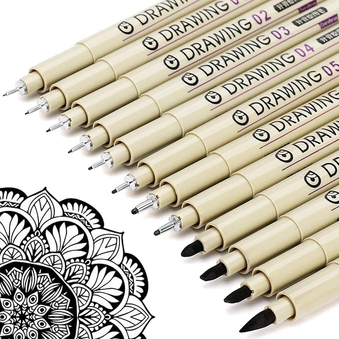 Muchcute Micro Fineliner Drawing Art Pens: 12 Black Fine Line Waterproof Ink Set Artist Supplies Archival Inking Markers L...