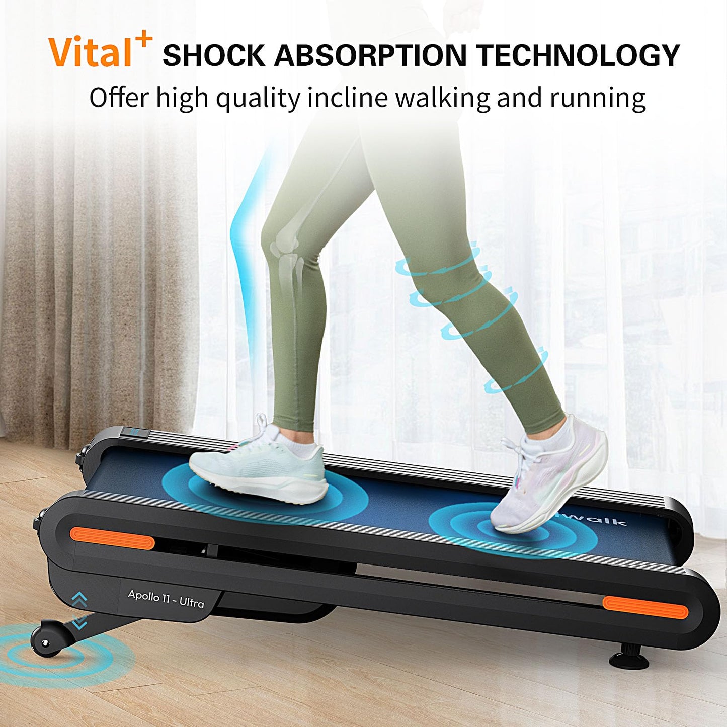 Vitalwalk Walking Pad Treadmill with Incline, 43"x18" Wide Full Deck, Auto Incline, Portable Under Desk Treadmills for Home Office, 4-Way Mobility & Vertical Store, Heavy Duty, APP, Black, Large