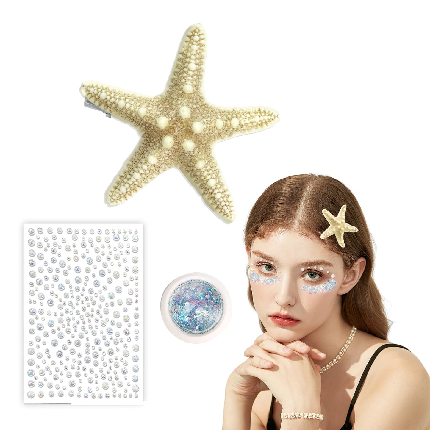 JELUTAR 3 Pcs Starfish Hair Clips Set, Mermaid Costume Accessories with Face Body Glitter and Pearl Stickers for Women Girls,Per