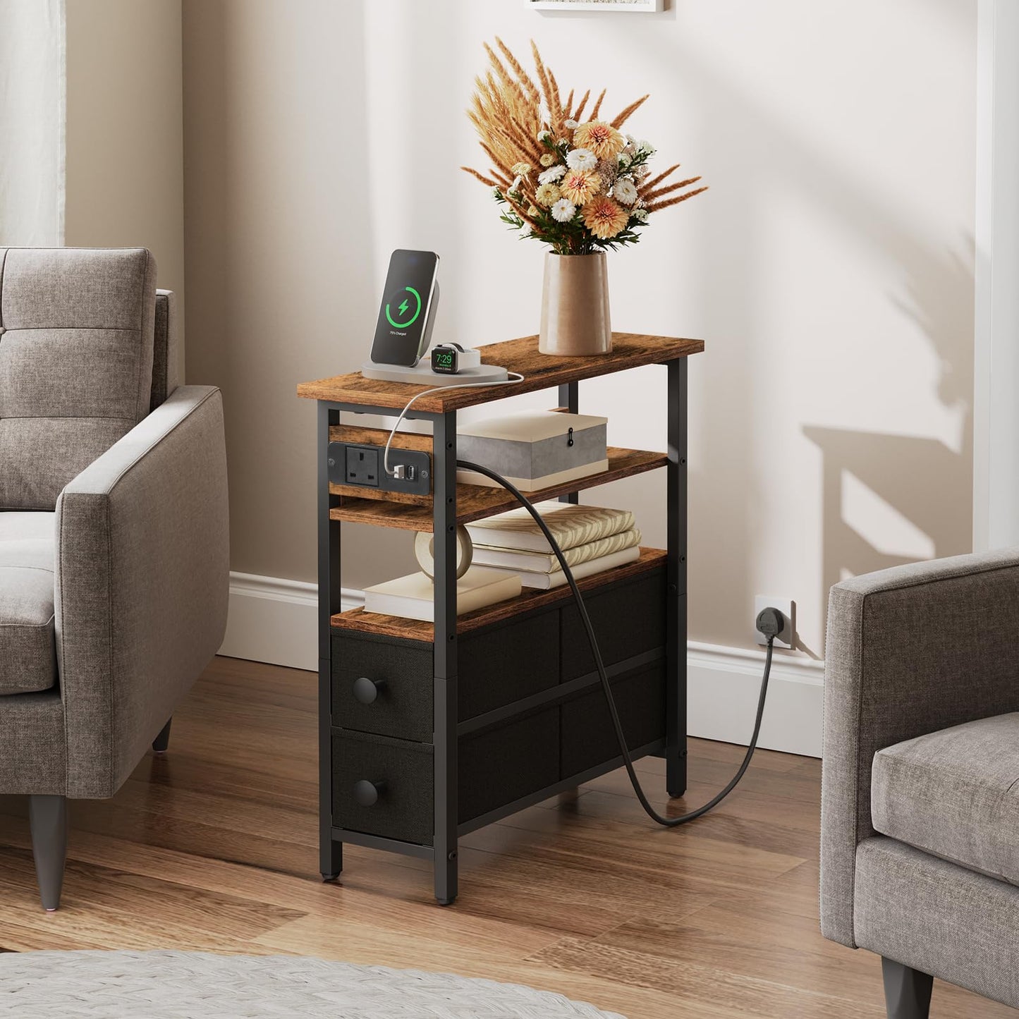 HOOBRO Side Table with Charging Station, Narrow Side Table with 2 Non-Woven Drawers, USB Ports and Power Outlet, 40 x 18 x 60 cm Slim Bedside Table for Small Space, Rustic Brown and Black EBF132KBZ01