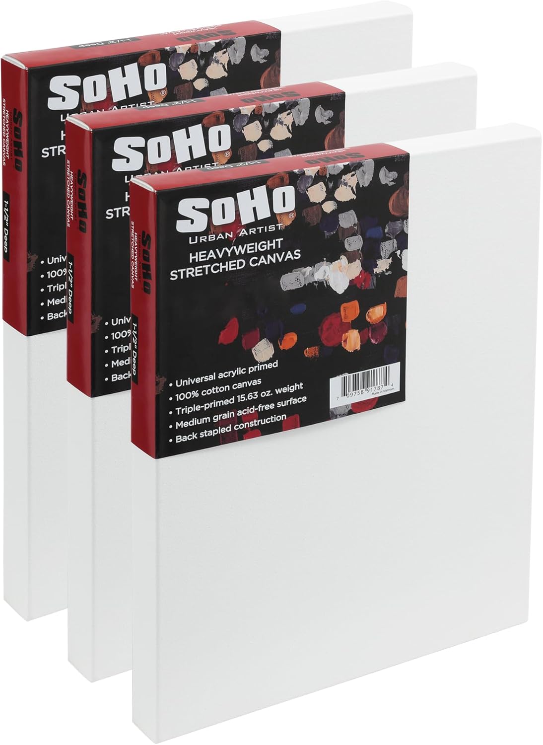 SoHo Urban Artist, 12x16 Heavyweight Stretched Cotton Canvas for Painting - 1.5" Deep- 3 Pack, Triple Primed, 100% Cotton Canvas, Archival, Universal Primed for Oil, Acrylic, Alkyd, Mixed Media