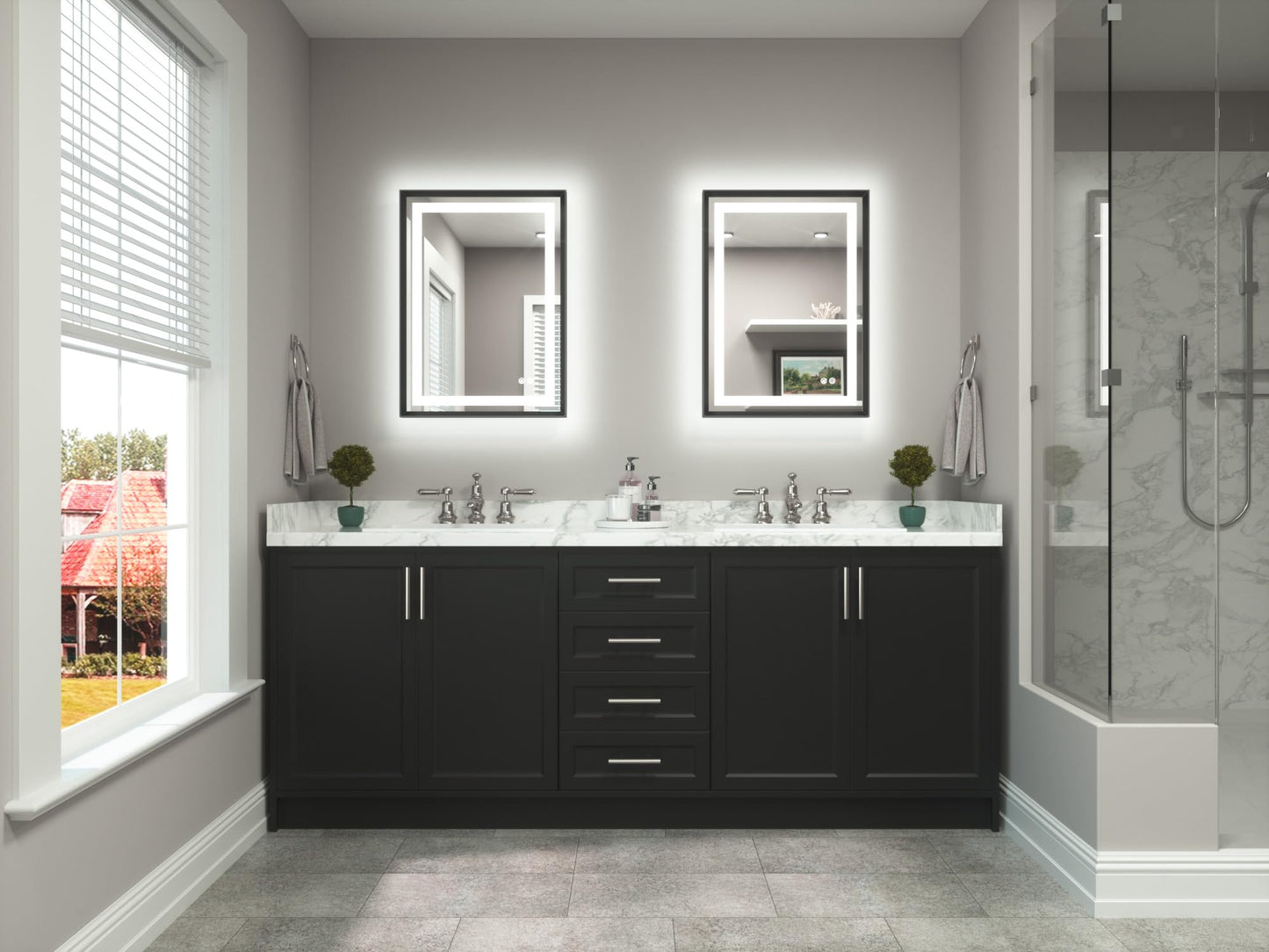TETOTE 22 x 30 Bathroom LED Mirror Brushed Black Metal Frame Frontlit & Backlit Vanity Mirror Anti-Fog Stepless Dimmable 3 Colors White/Warm/Natural Mirror with Lights Wall-Mounted