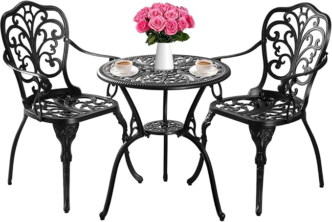 Withniture Bistro Set 3 Piece Outdoor, Bistro Table and Chairs Set of 2, All Weather Patio Bistro Set with Umbrella Hole, Patio Set for Garden, Black