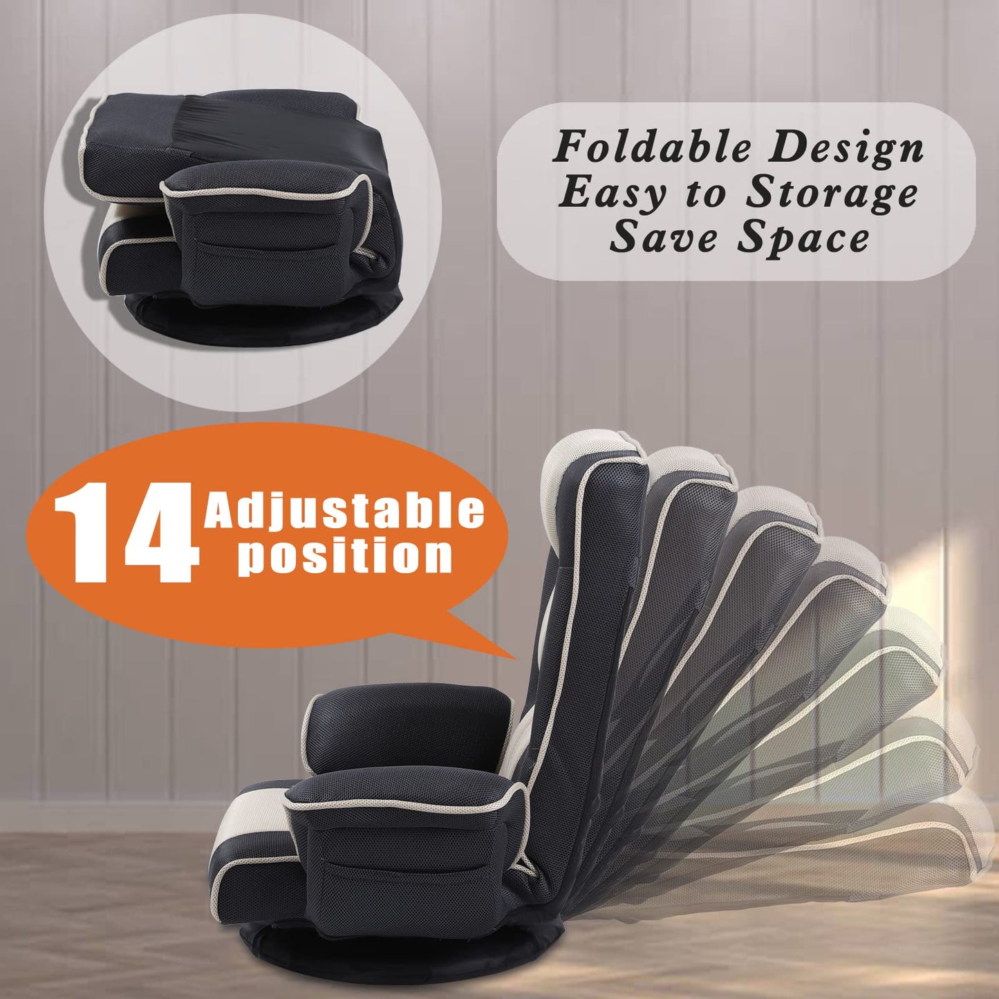 FLOGUOR 360 Swivel Gaming Floor Chair with Armrest Multi-Angle Folding Floor Chair Padded Backrest Lazy Sofa Lounge Chair for Living Room, Home Office QL201W-US-GR