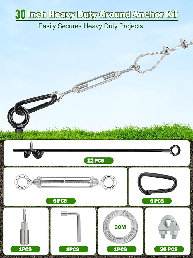 hannger 12 Pcs 30" Long Ground Anchors Shed Anchors Kit with 3/16" Galvanized Cable & Turnbuckles & Carabiners, Heavy Duty Earth Anchors for Sheds Trees Trampoline Greenhouse Swing Set Tent.