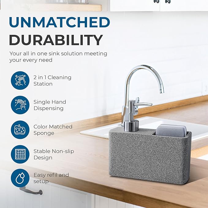 Havara Dish Soap Dispenser with Sponge Holder, Granite Resin Kitchen Soap Pump, One-Handed Non-Slip Countertop Dispenser for Kitchen Sink