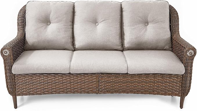 ACTREST Patio Couch Outdoor Wicker Sofa - Heavy Duty All-Weather Brown Rattan 3-Seater with High Back and Comfortable Thick Cushions for Garden Back Porch Poolside Apartment - Beige