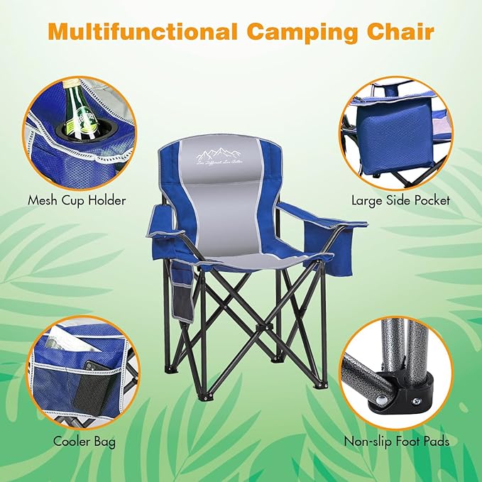 SAILARY 2PCS Folding Camping Chair Portable Outdoor Heavy Duty Padded Chairs Lawn Chair with Cup Holder, Storage Pocket and Cooler Bag, Supports 450LBS Blue