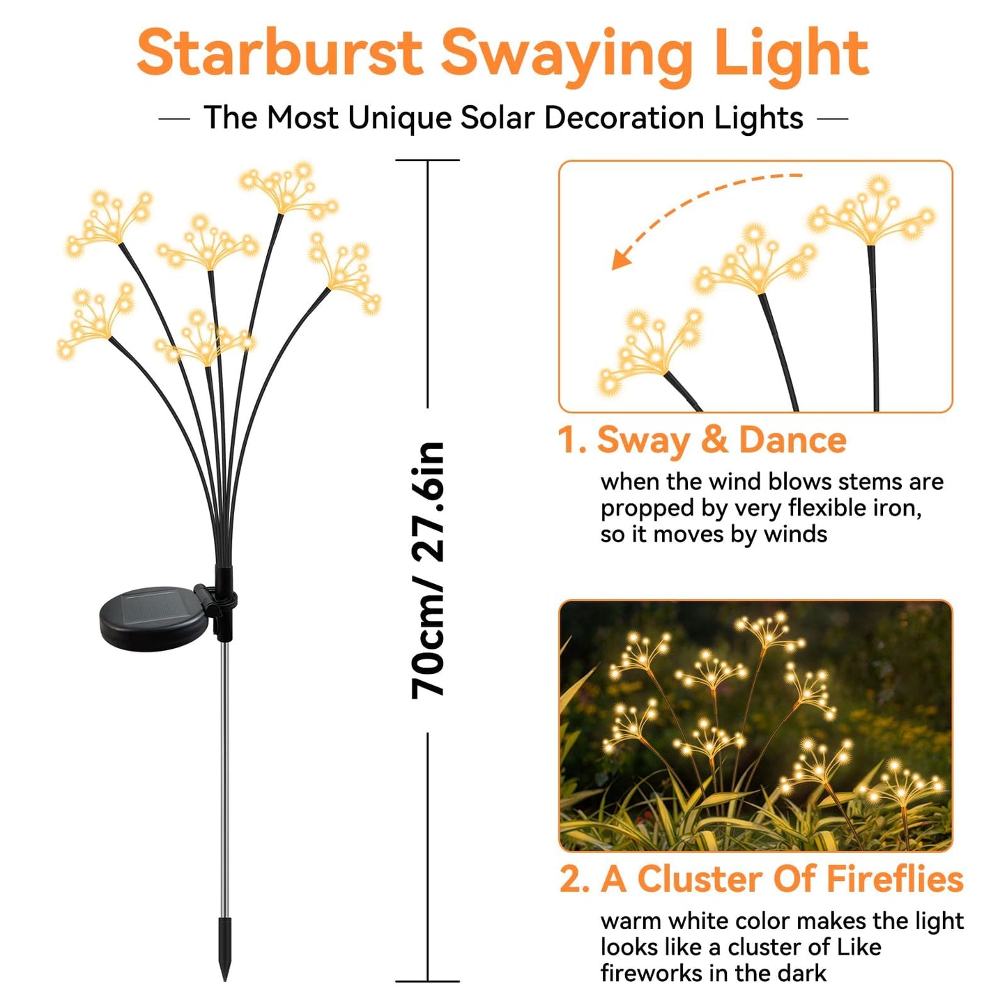 JJGoo Solar Garden Lights, New Upgraded 4 Pack Solar Swaying Starburst Light, Waterproof Fireworks Outdoor Lights, Yard Patio Pathway Decoration, Warm White