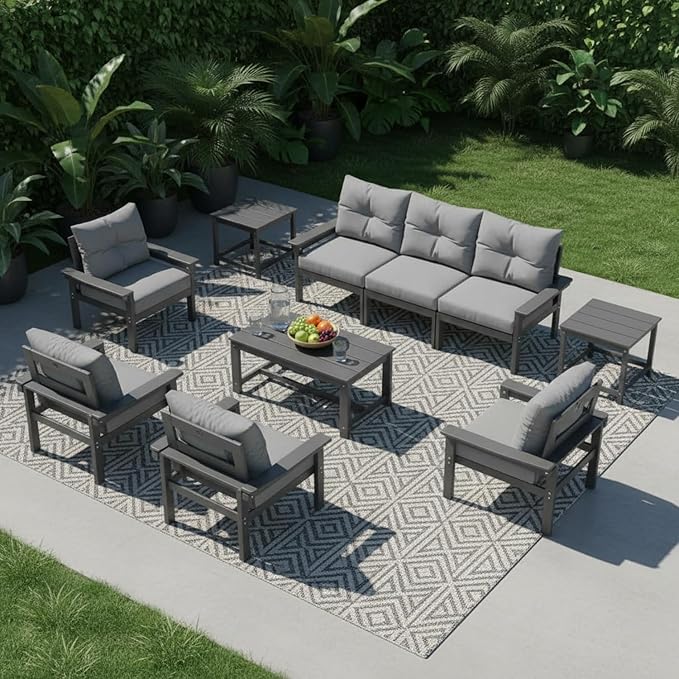 HDPE 7 Piece Patio Furniture Set, All-Weather Outdoor Couch Bistro Set with Hick Cushions & Coffee Table & Side Table, Patio Conversation Sets for Lawn, Garden, Porch, Balcony, Deck, Grey