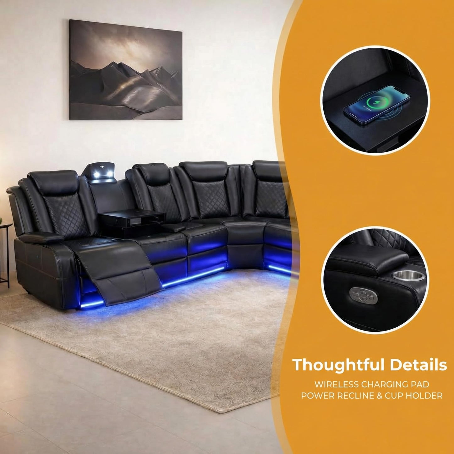 FUOROLA Power Recliner Living Room Set with LED, Breathing Leather Reclining Sectional Sofa Couches for Home Theater with Cup Holder, Storage Consloe, USB Charge