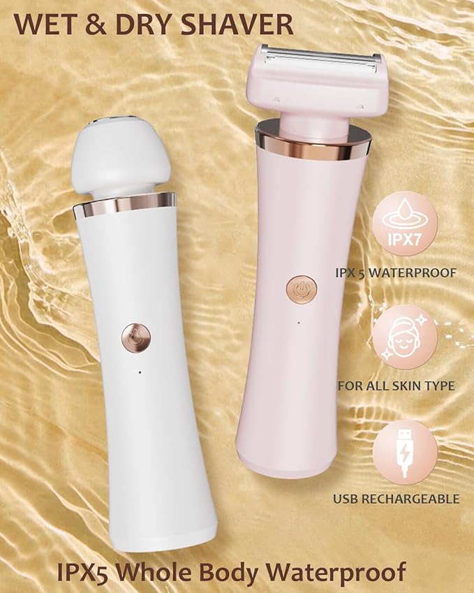 Facial Hair Remover for Women - 2-in-1 Electric Painless Face Hair Removal Shaver Device - Waterproof Face Trimmer & Body Epilator - Rechargeable Razor with 2 Heads for Lips Arms Legs Bikini Body