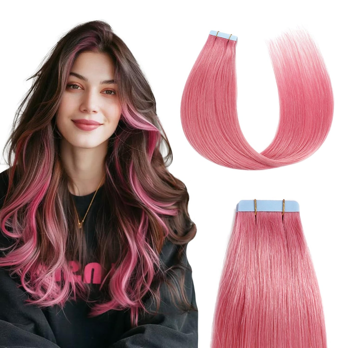 Sunya Tape in Hair Extensions Human Hair Hot Pink Tape in Hair Extensions Straight 16 Inch 10PCS/Pack 20g